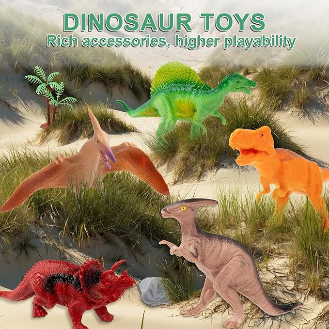OuMuaMua Dinosaur Toys for Kids 3-5, Plastic Dinosaur Figures Set with Activity Play Mat Dinosaurs Eggs Storage Box for Boys Girls Party Favors Supplies, 5-7 Inch
