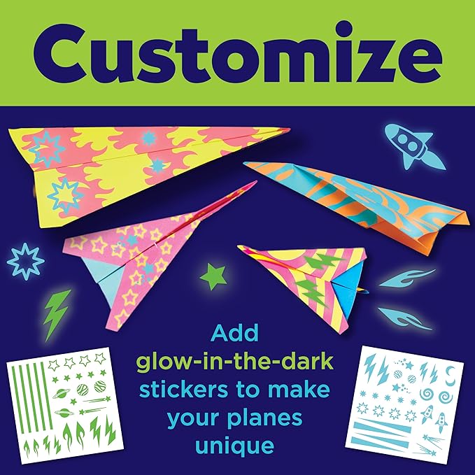 Creativity for Kids Paper Airplane Kit - Stunt Squadron Neon Glow, Makes 70 Paper Airplanes and 2 Plane Launchers, STEM Birthday or Christmas Gift, Craft and Activity Set for Boys (Ages 6-8+)