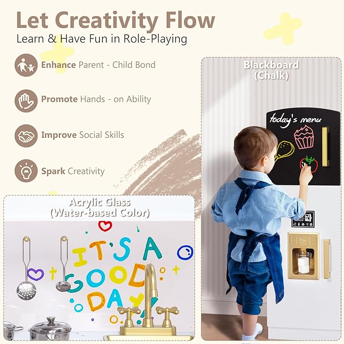 Kinder King Wooden Kids Play Kitchen, Toy Kitchen Playset for Toddler, Play Kitchen Set w/Blackboard, Transparent Coloring Board, Pretend Dishwasher, Oven, Ice Maker, Gift for Boys Girls Age 3+, White