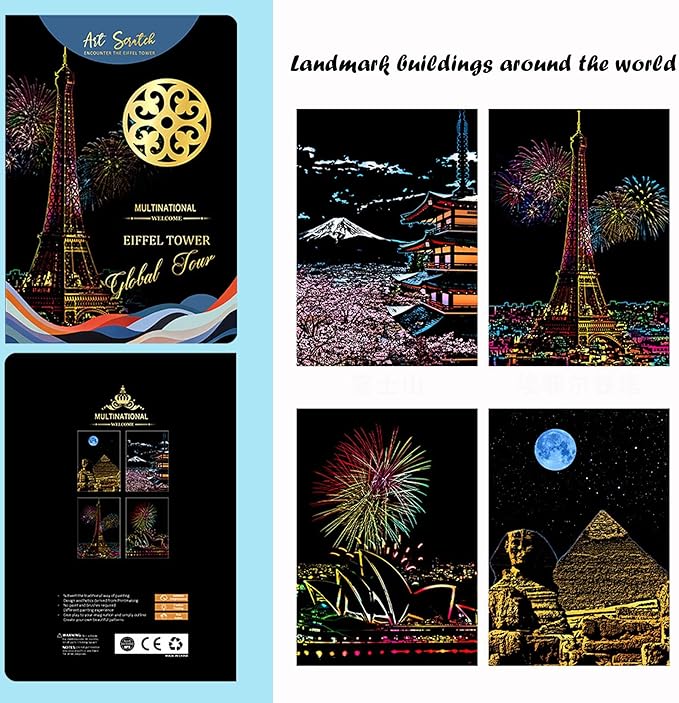 BulChign Scratch Painting Rainbow Paper Cards Kits for Adults,8 Sheets Rainbow City Ancient Capital Scratchboard(7.9 x 5.5 inch) with 6 Tools - Tourist Souvenirs (America/Global Architecture)
