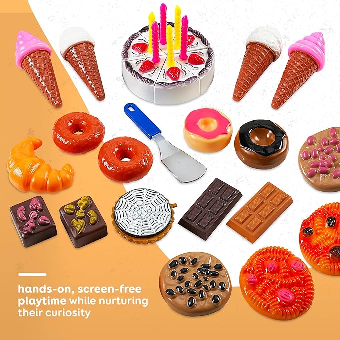 MEDca Kids Play Food Set - 130 Piece Pretend Play Collection - Assorted Fake Food Set Includes Fruits, Vegetables, Snacks, Dessert, Juices, Canned Goods and More for Boys and Girls