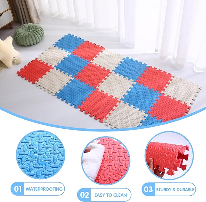 Foam Play Mat for Baby, 0.4 Inch Thick Foam Interlocking Floor Mats, Soft Non-Toxic Baby Playmat, Solid Colored Puzzle Play Mat Kids Floor Mats for Toddler, 16 Tiles(White/Red/Blue)