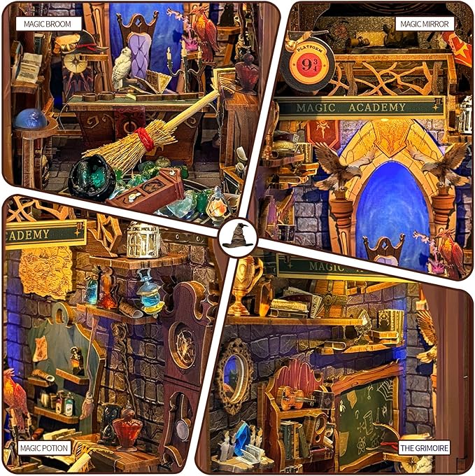 DIY Book Nook Kit, DIY Miniature Dollhouse Kit for Adults and Teens, Book Nook Bookshelf Insert Decor 3D Wooden Puzzle Bookend Miniature Kit with Sensor Light Creative Craft (Magic Academy)