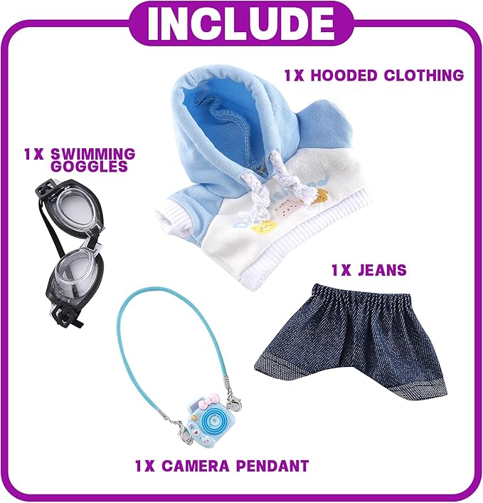 Clothes for Doll 4-Piece 17cm Doll Outfit with Blue Hoodie, Jeans, Glasses & Mini Backpack Clothes Only