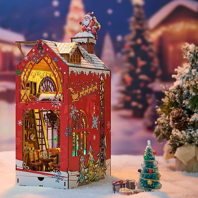 Book Nook Kit, DIY Miniature House Kit Book Nook, 3D Wooden Puzzle Bookshelf Insert Bookends DIY Model Building Kits for Adults Teens Creative (Songs of The Snowy Night)