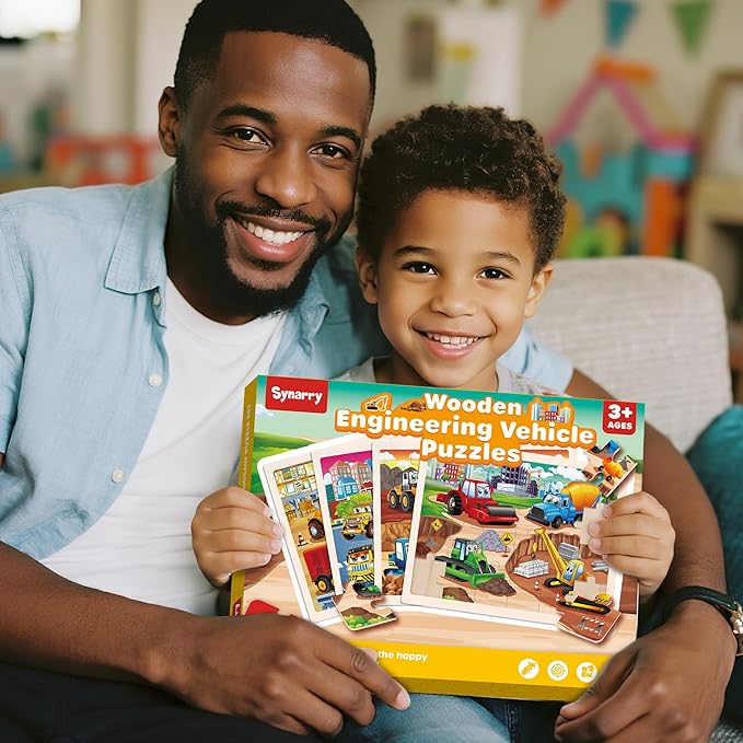 SYNARRY Large Wooden Construction Vehicle Puzzles for Toddlers 3-5, 24 Piece Monster Truck Puzzles for Kids Ages 4-6, Construction Toys for 3 4 Year Old, Kids Toys Gifts for 3 4 5 Year Old Boys Girls