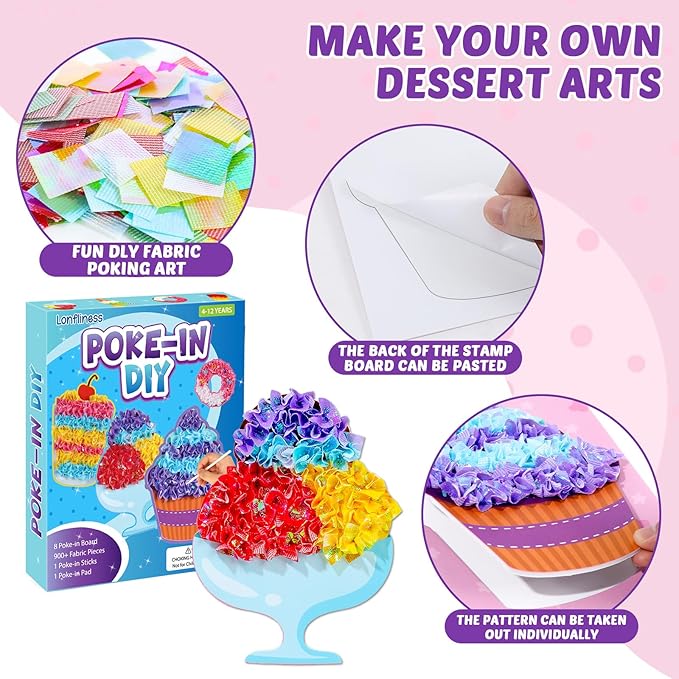 8PCS Poke-in Craft and Art Kit for Kid Dessert Cake Theme No-Mess Fabric Sewing Art Girl Boy 4-12 Puzzle Puncture Painting Ice Cream Donut Toy Gift for Creative Activity Game Birthday Party