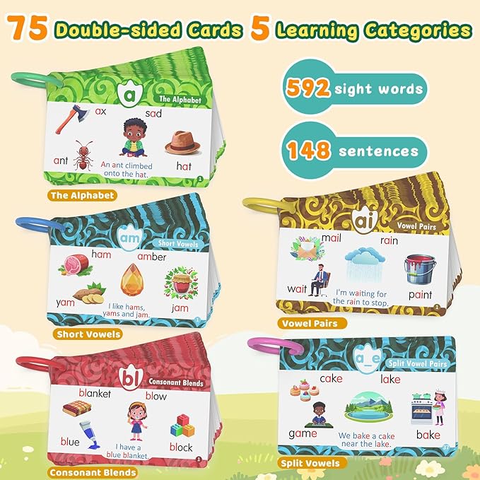 HOMESTEC Talking Phonics Flash Cards with Dino Reader Pen, Learn to Read for Kids Ages 3-6, Ideal for Kindergarten Reading Games, Homeschool, Speech Therapy, and Learning Activities Use