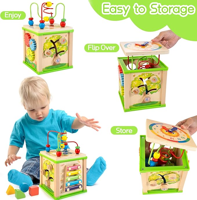 Wooden 7-in-1 Activity Cube| Montessori Toys for 1 2 3 Year Old Toddlers| Baby Educational Developmental Toys |One Year Old Boys Girls First Birthday Gifts |Bonus Sorting & Stacking Board