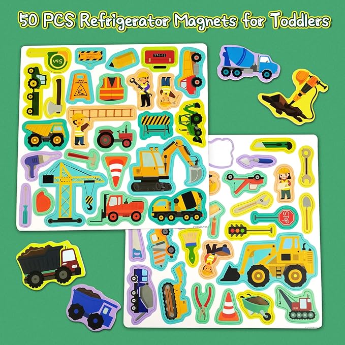 Construction Site Fridge Magnets for Toddlers, 50 PCS Refrigerator Magnets for Kids, Create a Scene Magnetic Play Sticker Book Travel Game Educational Toys for Kids