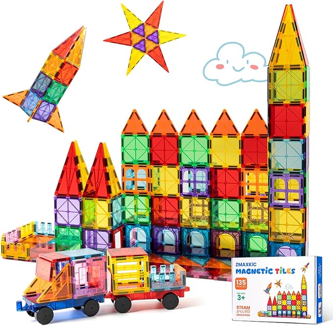 Magnetic Tiles, 135PCS Magnetic Building Blocks with 2 Cars, Large Magnet Building Set,STEM Sensory Educational Toys Gift for Toddlers Kids Boys Girls.