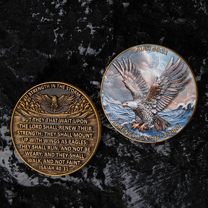 Inspirational Eagle Challenge Coin with Isaiah 40:31 Bible Verse - Motivational Military & First Responder Gift, Christian Faith Keepsake, Storm Survival Symbol