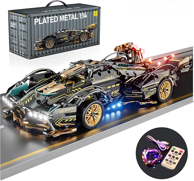 Sport Car Building Block Sets for Adults,Race Car with LED Lights Collectible 1:14 Model Scale Engineering Toy Birthday Gifts for Men Teens Boys 8+ 8-12 12-16 12 13 14