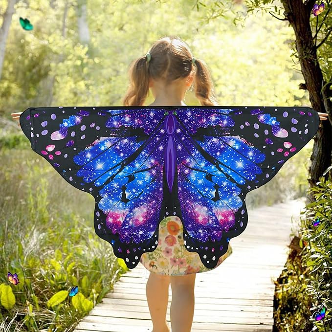 Butterfly Costume for Girls Fairy Wings Kids 4 Pcs(Cape,Skirts,Masks,Hair Clips) Butterfly Wings for Halloween Gifts