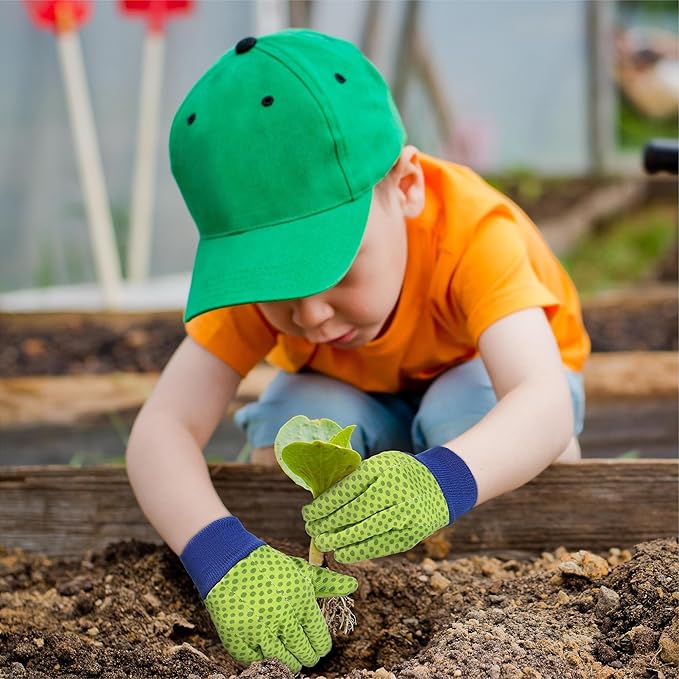 HANDLANDY 4 Pairs Kids Gardening Gloves, Girls Boys Children Garden Work Play Gloves (Green Dot, Small)
