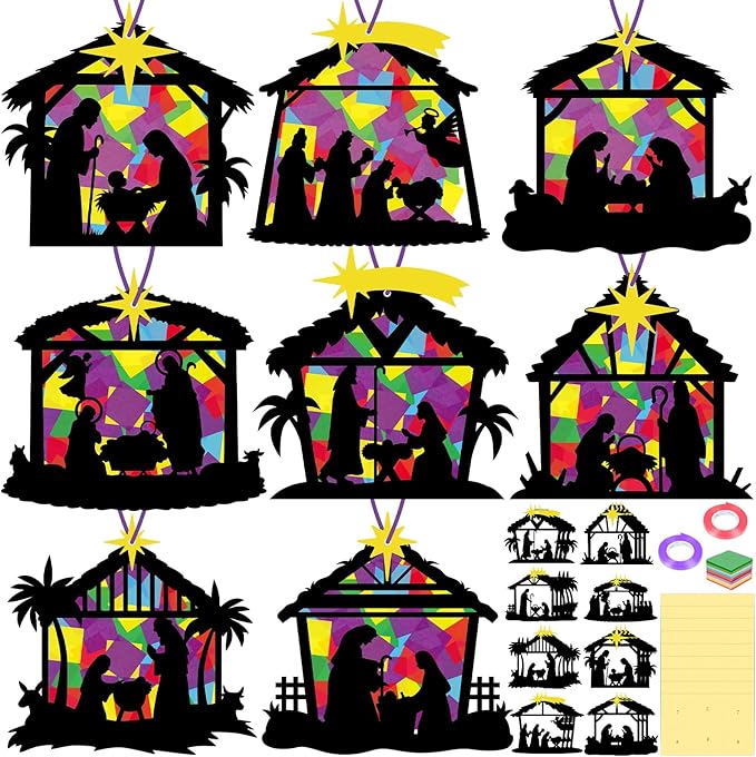 Renbuzhu 40PCS Christmas Crafts Bulk: Nativity Religious Paper Suncatchers DIY Kit for Winter Xmas Holiday Activities Decorations, Window Stained Glass Effect Art Ornaments
