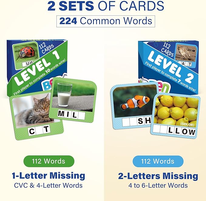 BenBen Spelling Games with 224 Flashcards, 2-4 Players, Learning Games for Kids Ages 4-8, Educational Autistic Toys for Kindergarten 1st 2nd 3rd Grade, Preschool Autism Classroom Must Haves