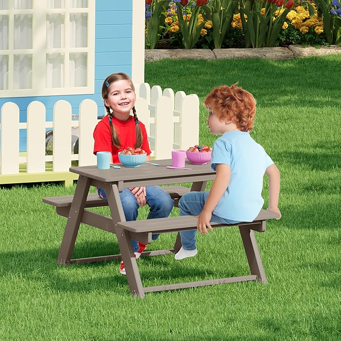 Costaelm Kids Picnic Table, HDPE All Weather Outdoor Toddler Picnic Table and Chair Set Kids Bench for Patio, Backyard, Garden, Lawn, Weathered Wood
