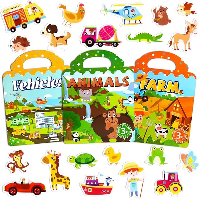 ASTARON 3 Set Reusable Sticker Book for Kids, 3D Stickers Portable Travel Toys and Educational Sensory Learning Toy Toddler Toys 3 4