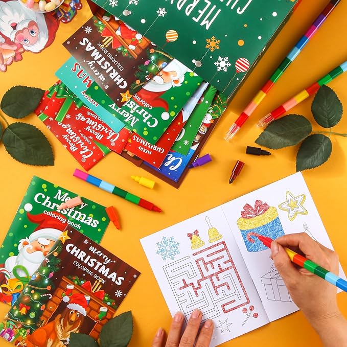 BenLouis 12 Christmas Mini Coloring Books Kids with 12 Stacking Crayons Christmas Theme Party Favors Small Activity Books Bulk for Kids Holiday Party Gift Goodie Bag Stuffers