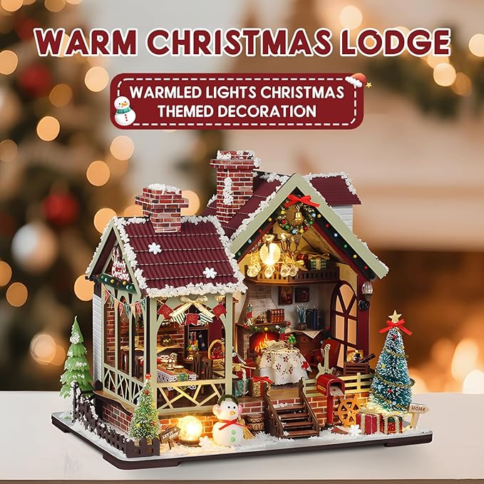 Christmas Miniature Dollhouse Kit, DIY Miniature House Kits for Adults, Mini Model Building Sets with Furniture, Snowman and Christmas Tree, Wooden House Kit Decoration Gift