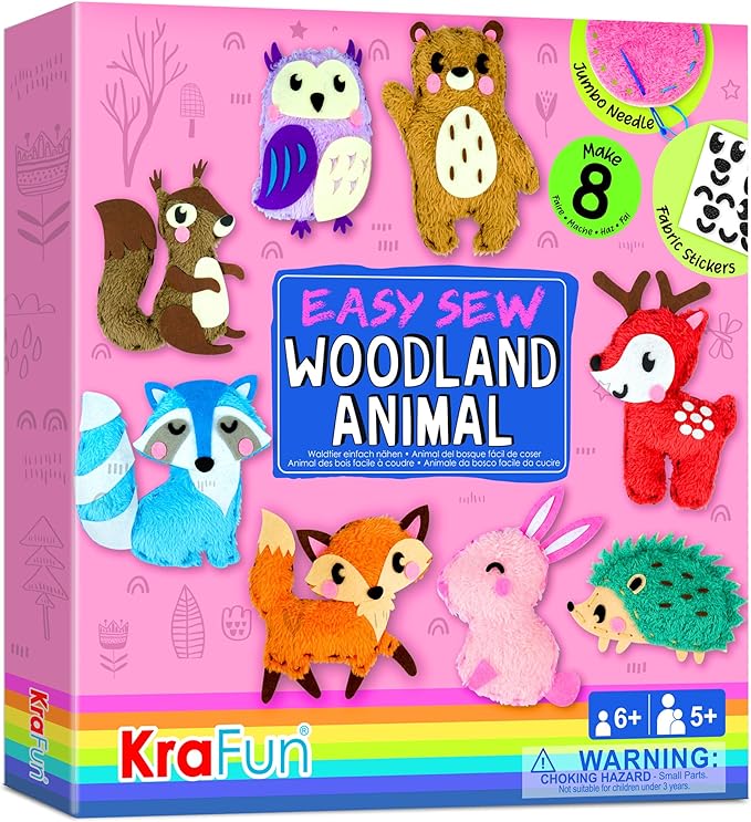 KRAFUN Easy Sewing Kit for Beginner Kids Arts & Crafts, 8 DIY Projects of Stuffed Dolls of Woodland Animals, Bear, Bunny, Fox, Owl, Instructions & Felt, Gift for Girls, Boys, Learn to Sew