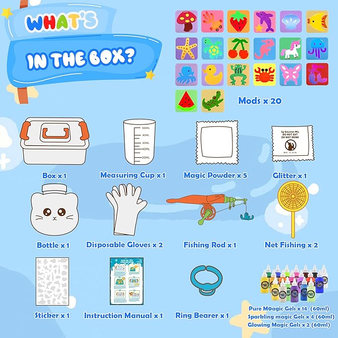 Magic Water Elf Toy Kit, Waters Pets, Aqua Water Gel with 20 Magic Gels and 20 Shape Molds, DIY Squishy Maker Kit, Kids Summer Crafts，Make Your Own Squishies Toys Crafts for Boys & Girls