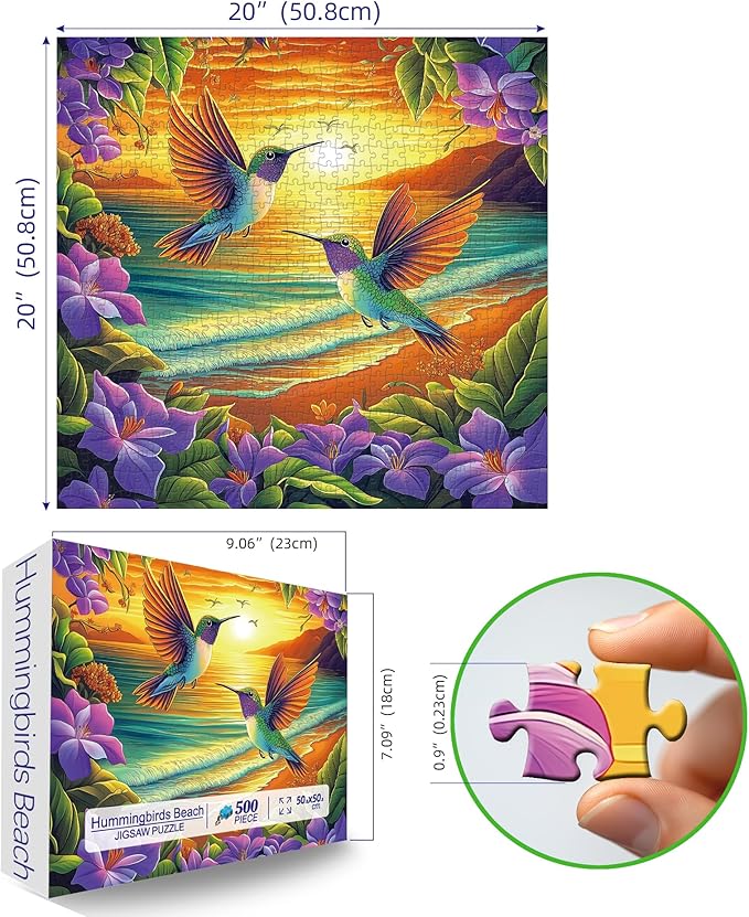 500 Piece Puzzles for Adults, Jigsaw Puzzles 500 Piece Hummingbirds Beach Flower Puzzle, Impossible Difficult Hard Challenging Unique Family Puzzle, 20x20 Inch