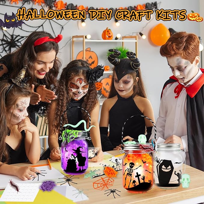 AuroTops Halloween Crafts for Kids,12 Pack Halloween Mason Jar Kit with Accessories for Kids DIY Kits,Party Favors Party Decorations for Classroom Goodie Bags Trick or Treat Toys