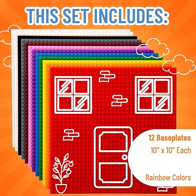 Strictly Briks Classic Stackable Baseplates - Rainbow Plates for Toy Building Sets - Durable Brick Baseplates Compatible with Lego - Toy Mat & Building Board - 10 x 10 in, Pack of 12, Rainbow