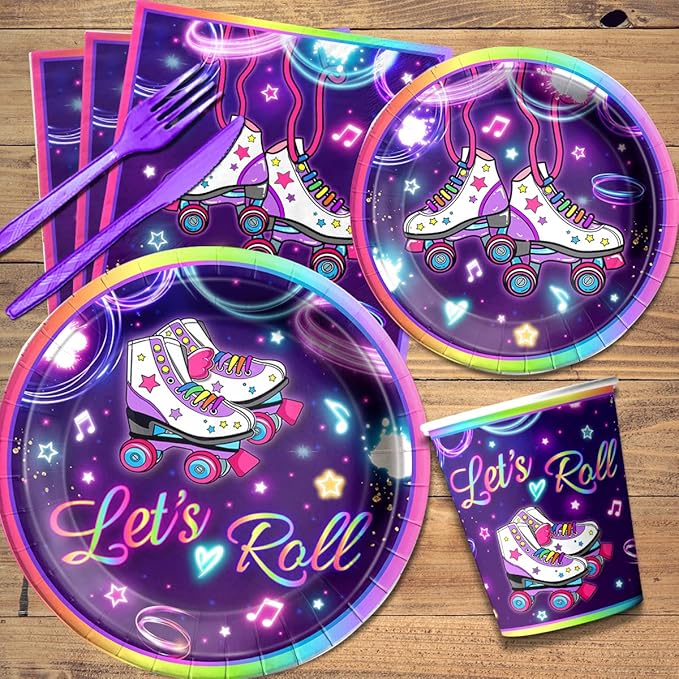 Roller Skating Party Supplies,142Pcs Roller Skating Party Decorations Tableware Set Include Plates Napkins Cups Banner Tablecloth for Let's Roll Birthday Birthday Party Decorations, Serve 20