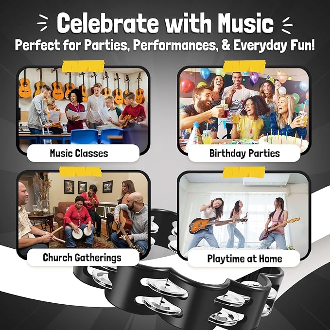 Flexzion Flower Tambourine - 8 Inch Handheld Percussion Instrument w/Metal Jingles & Ergonomic Grip - Small Tambourines for Adults, Kids, Church, Parties, & Musical Events (Black)