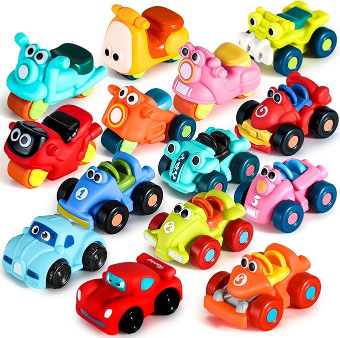 ALASOU 14 PCS Soft Rubber Cartoon Car Toy Set for Boys and Girls |Bath Toys for 1 Year Old Boy Gifts|Pool Cars for Toddlers 1-3|Birthday Party for Baby Kid Age 1 2 3