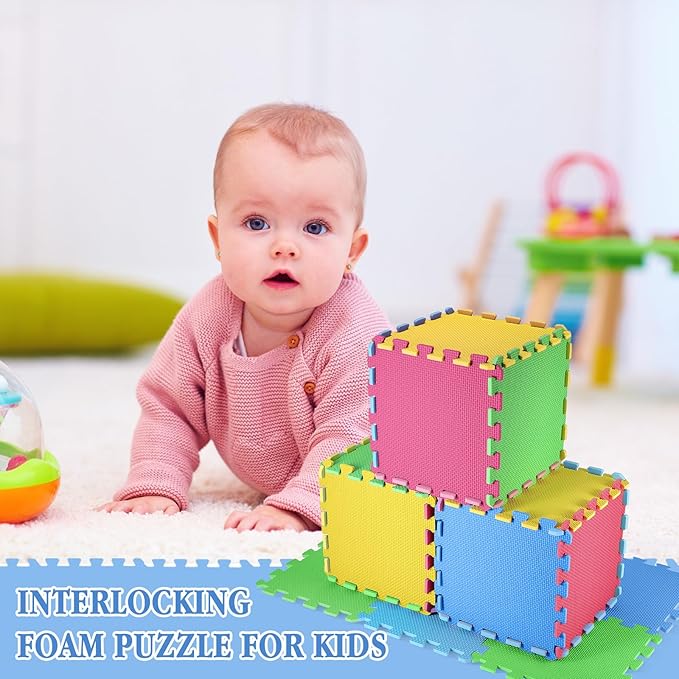 Nuanchu 60 Pcs Kids Foam Puzzle Floor Mat Bulk Solid Color Foam Play Mat with Borders Interlocking Multi Use Floor Rug for Baby Toddler Children 12 Inch (Green, Blue, Yellow, Red)