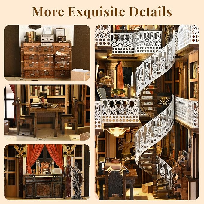 Book Nook Kit Library, DIY Miniature House Kit, 3D Wooden Puzzle Dollhouse Kit for Adults and Teens, Bookshelf Booknook with LED Light (Law Library)