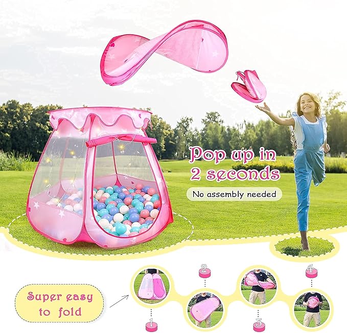 Princess Tent Girls Kids Playhouse Pop Up Play Tent with Star Light Tent for Kids Ball Pit Toys for 1,2,3 Years Girl Birthday Gift for Indoor Outdoor Toddler Girl Gift, Easy to Pop Up and Assemble