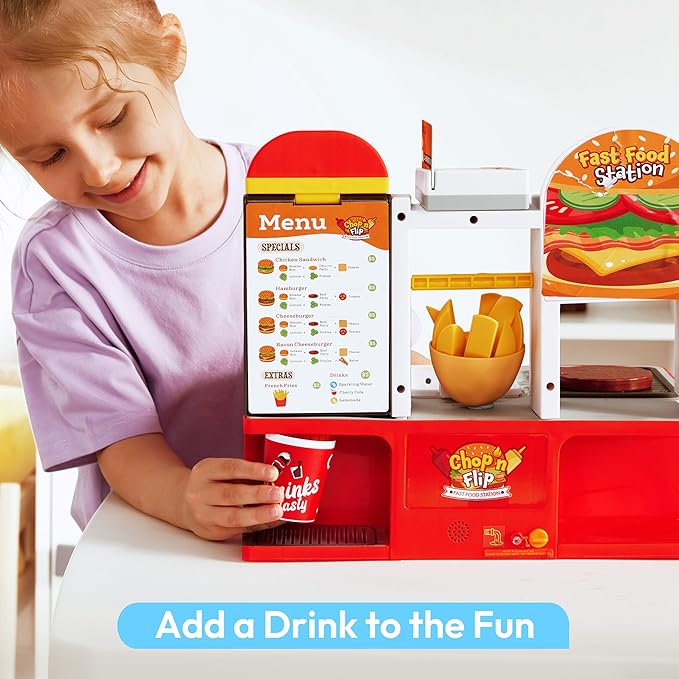 Restaurant Play Set Toy - 40+ PCS Fast Food Playset with Potato Cutter, Simulated Frying Effect & Lights, Order, Card & Drink Station - Interactive Role Play Toy Birthday Gift for Boys Girls
