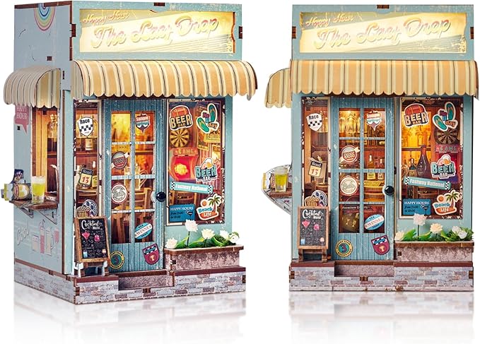 DIY Book Nook Kit, Miniature Dollhouse Bookshelf Insert with Light, Laser-Cut Wooden Craft Set for Adults, Perfect for Teens and Adults, Beach Bar