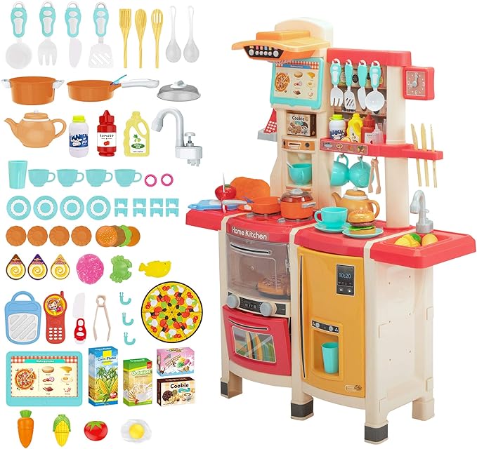 SANDINRAYLI Kids Kitchen Playset,65Pcs Play Kitchen Sets for Kids Ages 4-8, Large Play Kitchen for Toddlers 3-5, Kitchen Toys with Running Water, Plastic Pretend Kitchen for Girl & Boy, Pink