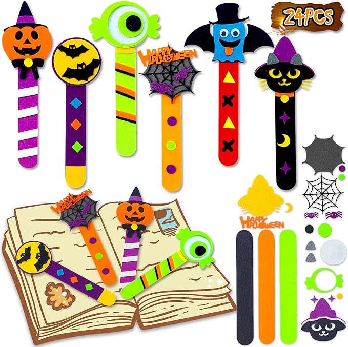 24 Piece Halloween Crafts for Kids Ages 4-8, DIY Bookmark Craft Bulk for Party Favors & Classroom Rewards
