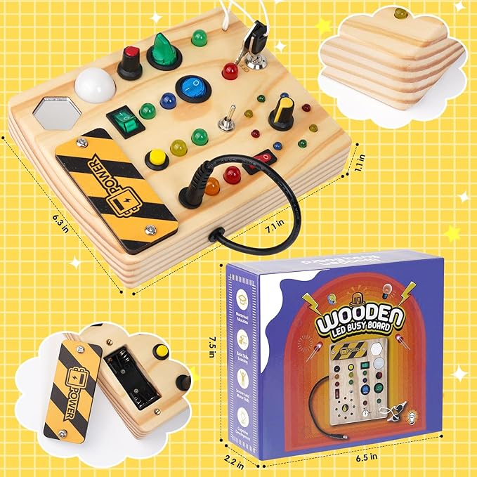 Montessori Busy Board Toys: Wooden Sensory Toy for Toddler with LED Light Up Switch, Educational/Christmas/Birthday Gifts for 1-3 Year Old Boys & Girls