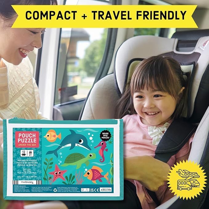 Mudpuppy Under the Sea – 12 Piece Puzzle with Reusable Zipper Pouch Featuring Colorful and Fun Illustrations of Ocean Creatures Perfect for Easy Storage and Travel