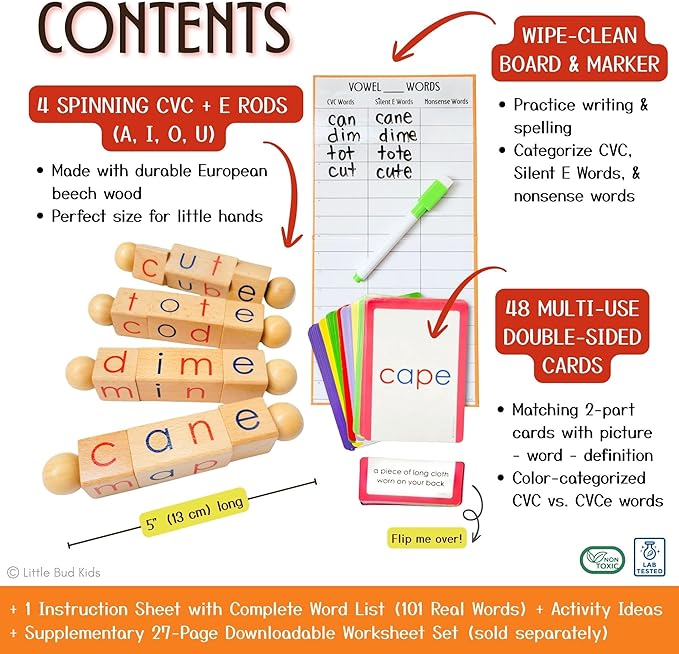 LITTLE BUD KIDS Magic Spin-E Blocks - A Silent E Phonics Toy & Montessori CVCe Reading Blocks for Kids Ages 4–7