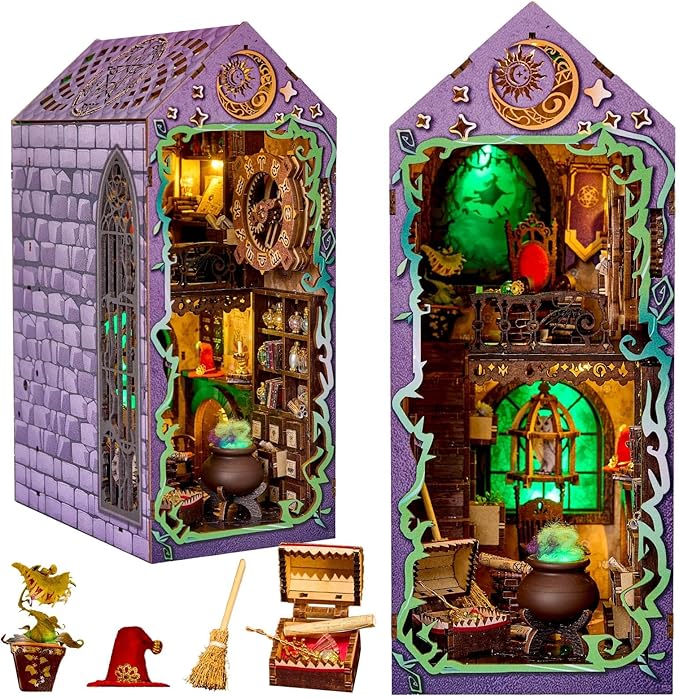 Book Nook Kit Mystic Theurge's Hut, DIY Booknook Kit for Adults Teens, 3D Wooden Puzzle Miniature House Kit with LED Lights, Bookshelf Decor Craft Gift for Family Friends