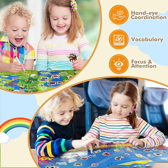 Reusable Sticker Books for Toddlers 3-5 Years, 2 Sets Jelly Sticker Books, Toddler Travel Toys Craft Activities for Kids-Ocean Wrold, Safari