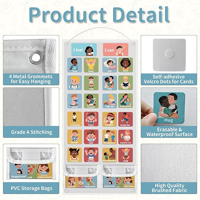 Yoink 81 Cards Feelings Chart for Kids, Emotions Chart Poster for Coping Skills, Mental Health Chart for Toddlers Emotional Learning, Calm Down Corner Supplies Preschool Homeschool Must Haves, White