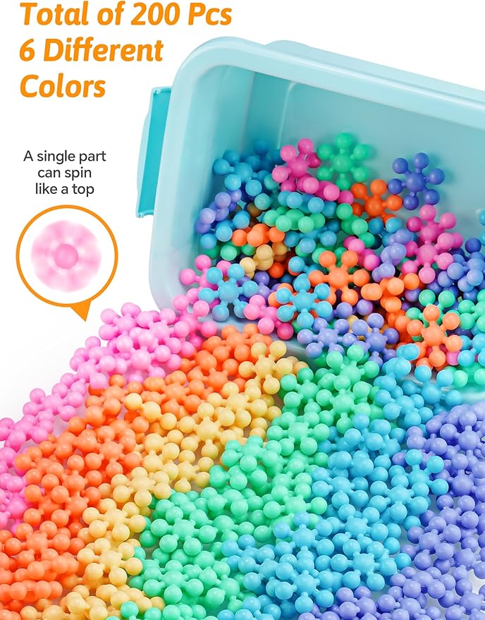 200PCS Interlocking Snowflake Building Block Toy for Kids Ages 3+, Plastic Early Learning Creativity Educational STEM Toy with Carrying Case Safe Material (Macaron Colors)