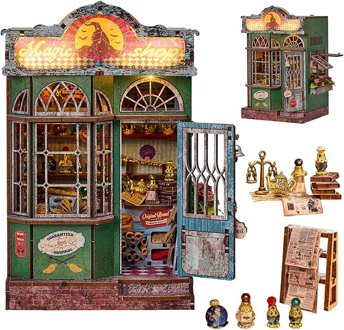 Book Nook Kit – Magic Shop DIY Miniature House with LED Lights, 3D Wooden Puzzle for Adults, Teens & Beginners – Bookshelf Decor Gift for Book Lovers & Families