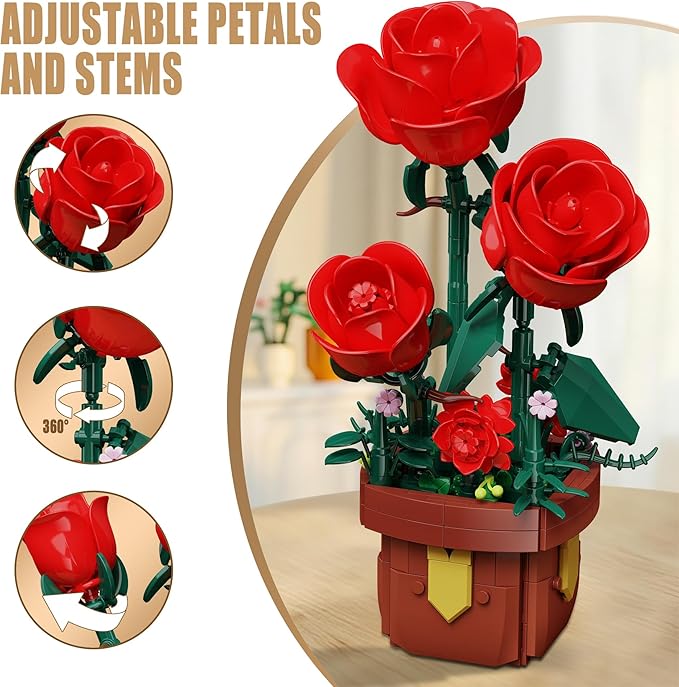 Roses Flowers Botanical Building Blocks Set,Artificial Plants Bonsai Building Toys with Pot,Indoor Display for Home Office Decor,Christmas Birthday Gift for Adult Women Girls Age 8-12(307Pcs)