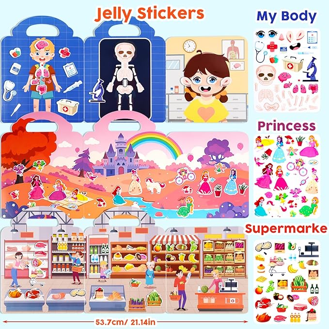 ASTARON 6 Pack Reusable Sticker Book, 3D Stickers for Toddlers 3-4 Years, Portable Travel Toys and Busy Book for Kids 3 4 Year Old Girls Boys